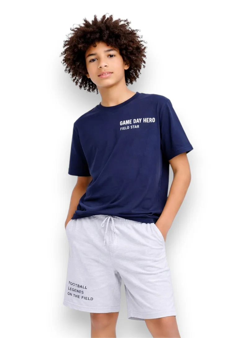Victor And Jane  Boys Football Graphic T-Shirt & Light Blue Denim Shorts Set (Relaxed Fit) for Men | Best Price UAE